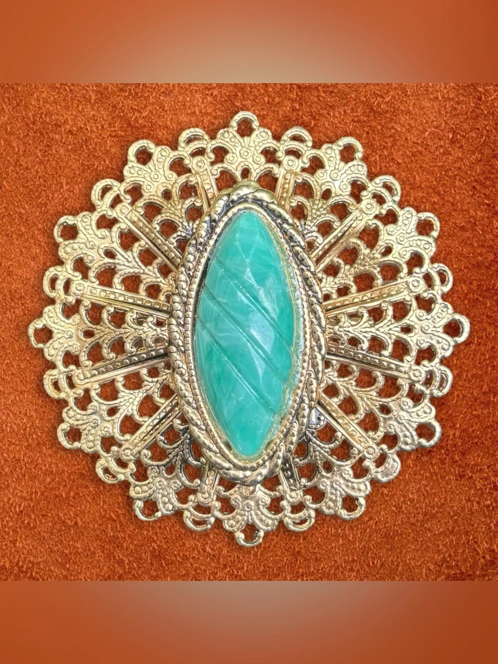 Vintage 1960s Gold Filigree Convertible Brooch Pendant Faux Green Agate Glass
